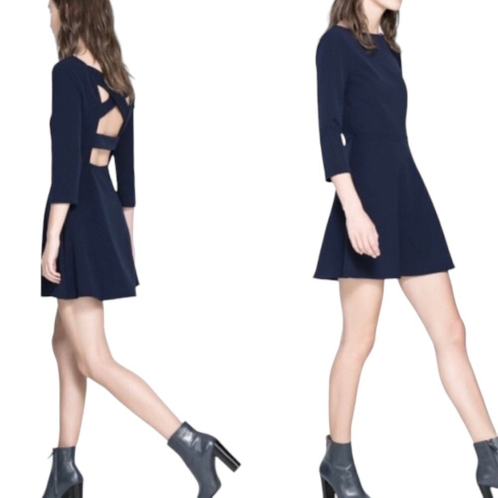 Zara Woman Long Sleeve Navy Blue Cross Strap Back Dress